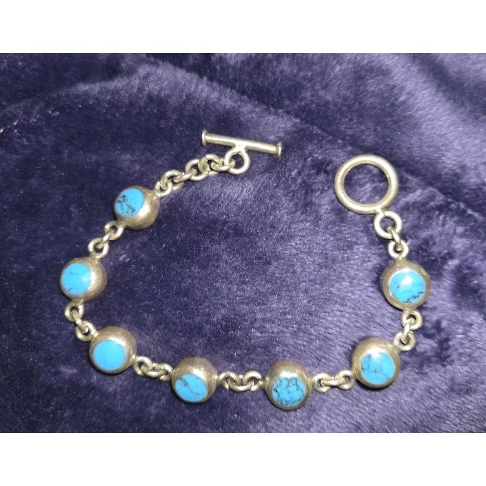 Vintage Taxco Mexico STERLING Silver Blue Turquoise Toggle Link Bracelet Size 7